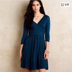 Anthropologie Amadi Fara Surplice Faux Wrap Dress, Teal, Size Small